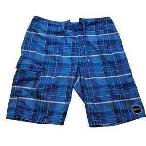 O'Neill Mens Blue Plaid Board Shorts Cargo Pocket Y2K Preppy Swim Trunks Size 32